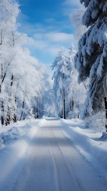 Enchanting scene Snowcovered road winds amid snowladen fir trees creating picturesque beauty Ve