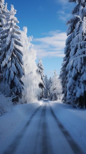 魅惑的なシーン 雪を積んだモミの木々に囲まれた雪に覆われた道路が風に吹かれ、絵のような美しさを生み出します Ve
