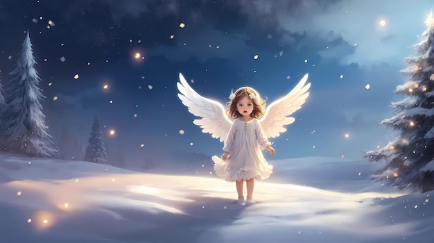 An enchanting scene starring a lovely angel in a snowy winter landscape Christmas card