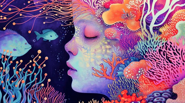 Enchanting seafloor a childlike illustration featuring a mermaid amidst psychedelic corals illuminated with pastel colors and a magical glow