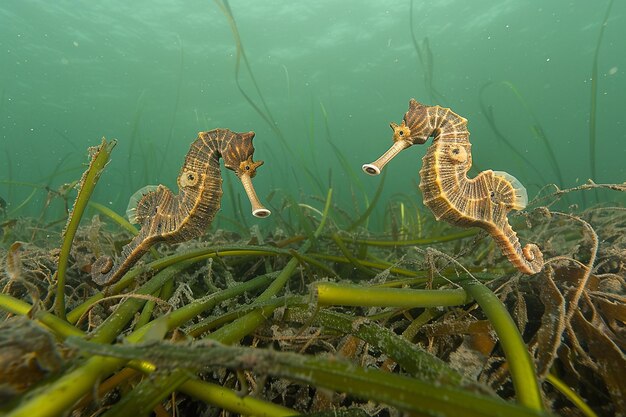 魅力 的 な 海馬 の ペア が 海草 を 握っ て いる