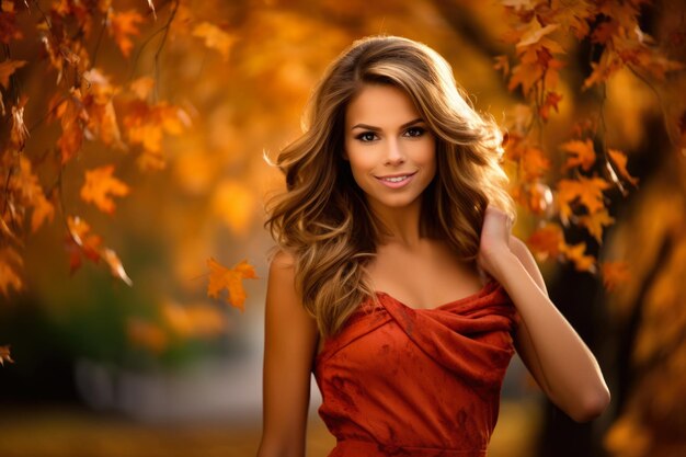 Фото Очаровательная спокойствие блестящая молодая женщина в красном платье, охватывающая спокойствие осени