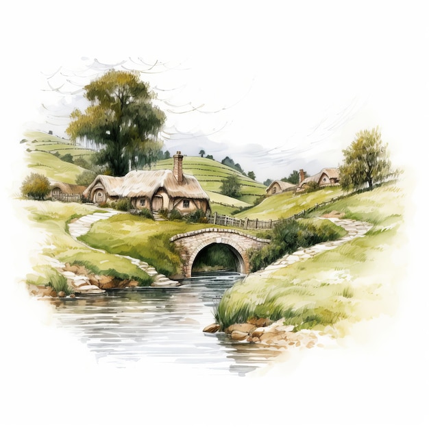 Photo the enchanting shire a delightful sketch of lord of the rings' iconic landscape