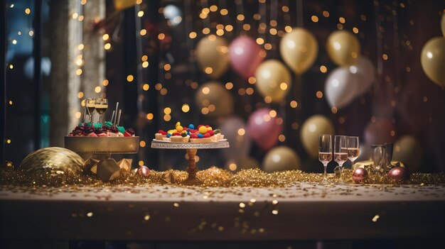 반 ⁇ 이는 장식품 으로 장식 된 새해 의 축제 테이블 의 매력적 인  ⁇ 