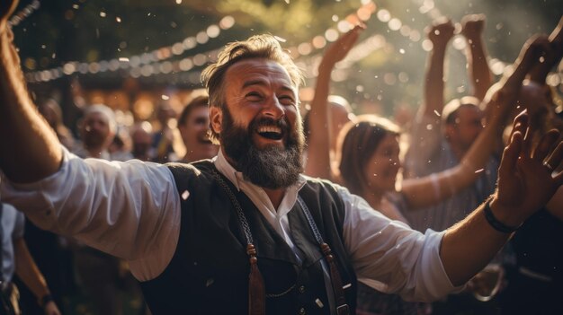 An enchanting shot of people dancing and enjoying traditional Bavarian music