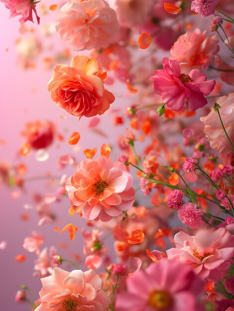 Enchanting Shower of Pink Rose Petals and Flowers in Soft Light