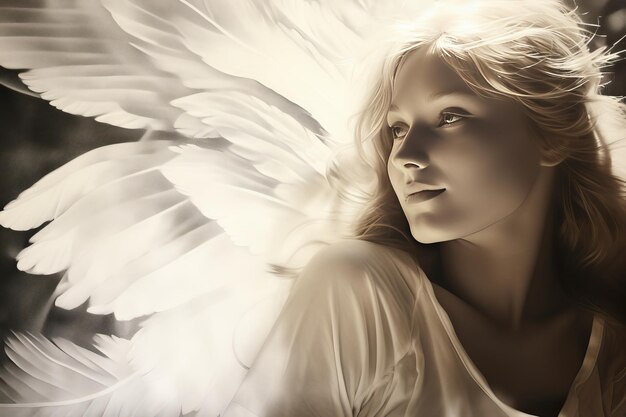 Foto l'incantevole vista di sumi la meraviglia e la gioia di una donna con ali d'angelo di tessuto contraente