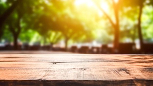 The enchanting sight of a wooden table with trees in the background basking in the warm glow