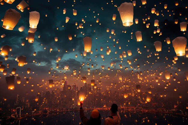 Photo enchanting sky lantern festival over urban skyline