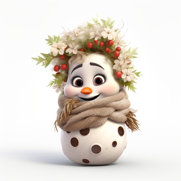 Photo enchanting snow blossom a pixarquality little female snowman bedecked in flowers on a pure white b