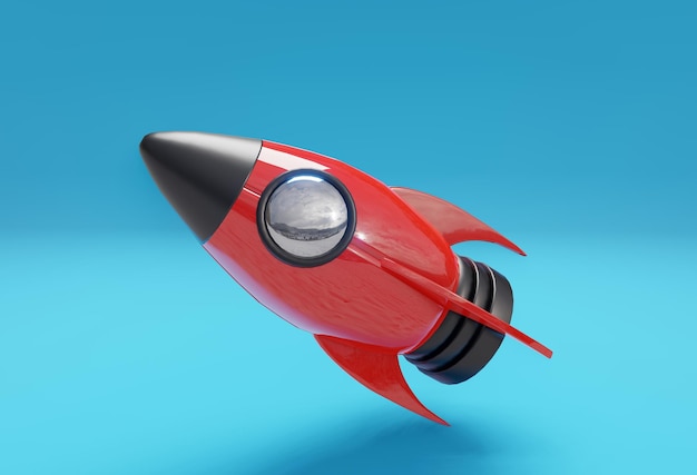 Enchanting Space Exploration 3D Illustration of a Rocket with Blue Background and a Laptop in a B