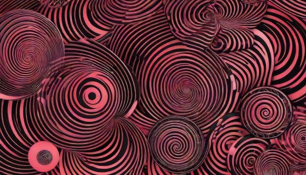 Enchanting Spiral Symphony Mesmerizing Abstract Wallpaper in Black Coral Red and Light Pink