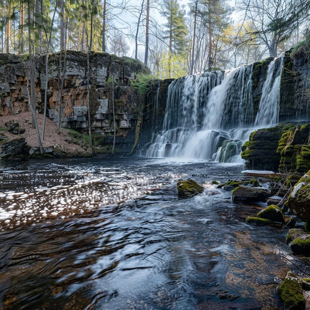 Photo enchanting spring waterfall in lush forest setting