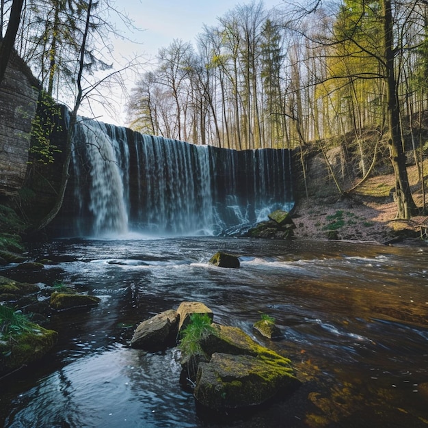 Enchanting Spring Waterfall in Lush Forest Setting