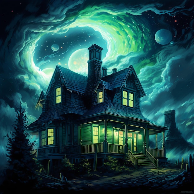 Enchanting Starry Night over Old House