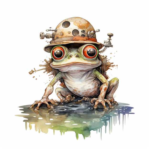 Foto enchanting steampunk mushroom frog een grungy cartoon-geïnspireerde waterverf op witte achtergrond