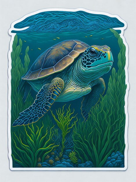 An enchanting sticker design capturing the closeup view of a turtles head under the ocean