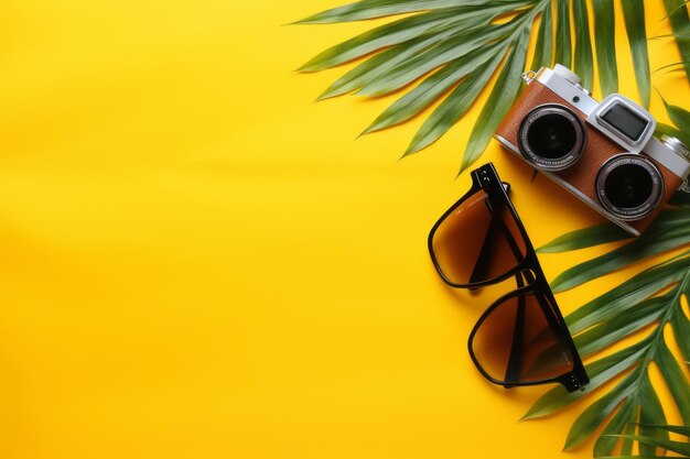 Enchanting summer ventures vibrant flat lay of traveler essentials with palm leaf camera and sung