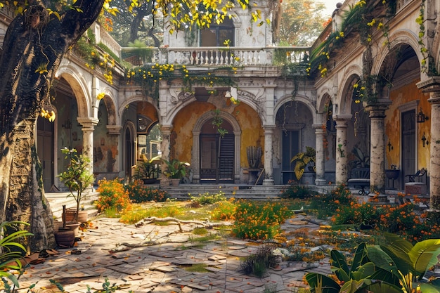 Enchanting Sunlit Overgrown Courtyard with Historic Romanesque Architecture Nature Reclaiming