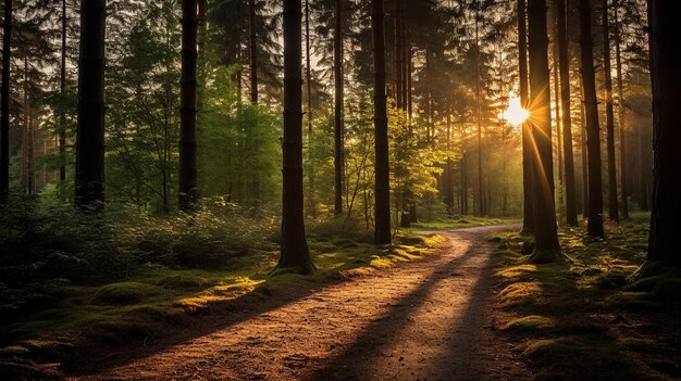 Photo enchanting sunrise through a forest path