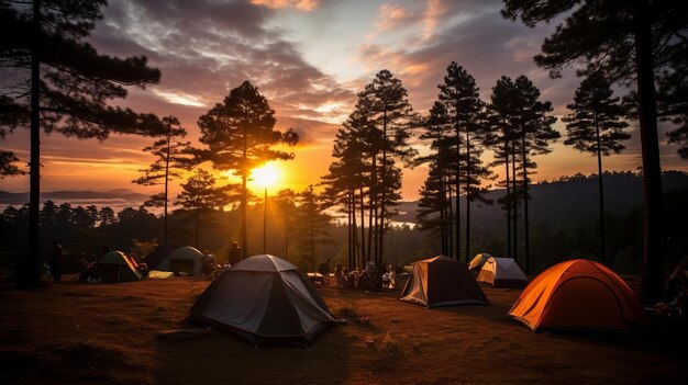 Photo enchanting sunset serenade experiencing camping and tent delights amidst the majestic pine forest o