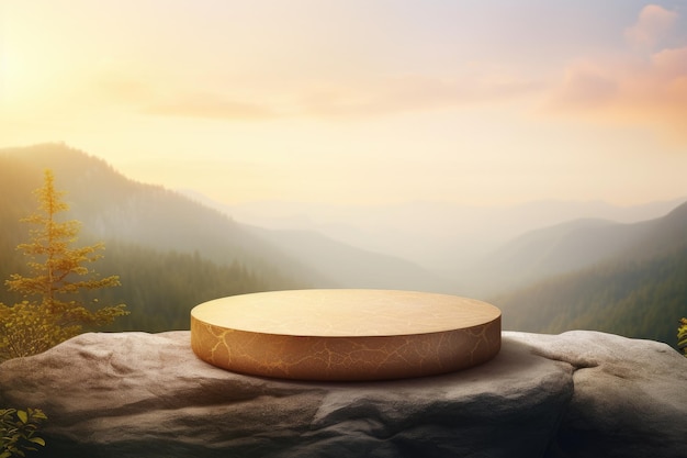 Enchanting Sunset Stone Podium Showcasing Beauty in a Serene Mountain Landscape