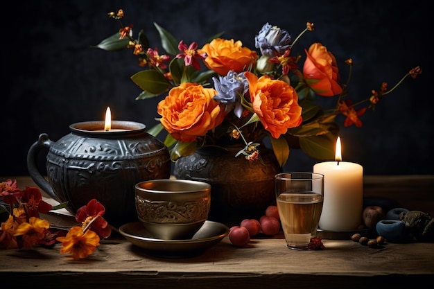 매혹적인 테이블 설정 조각 비 꽃 꽃받침 컵과 불 완벽한 조화