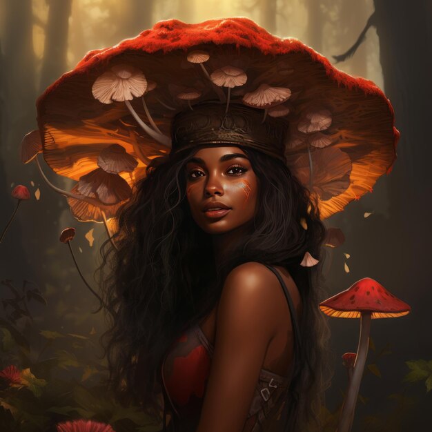 Photo the enchanting tale of a darkskinned woman and her toadstool hat a magical journey through a fores