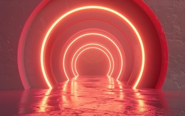Очаровательный туннель из светящихся неоновых арк в ярких оттенках розового и оранжевого создает сюрреалистическую и захватывающую атмосферу, которая побуждает зрителя исследовать дальше