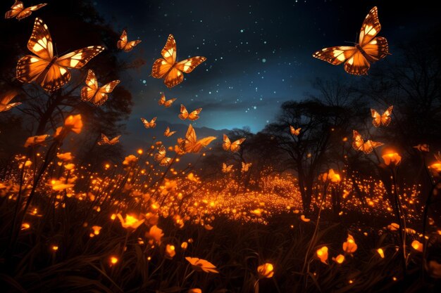 Photo enchanting twilight butterfly field under starlit sky