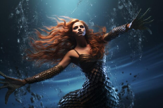 Enchanting Underwater Escape Captivating Cinematic Mermaid Leaps Free in a Snug Fish Scale Outfit A