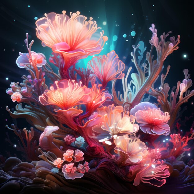 Очаровательная подводная симфония Блестящие неоновые розовые и фиолетовые кораллы гармонируют в мерцающем свете