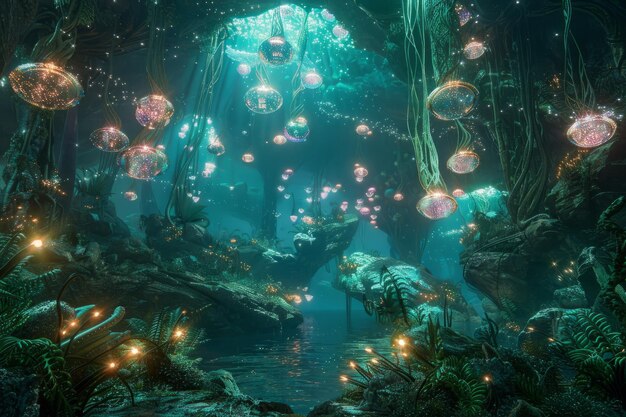 Enchanting Underwater World Glowing orbs tendrils