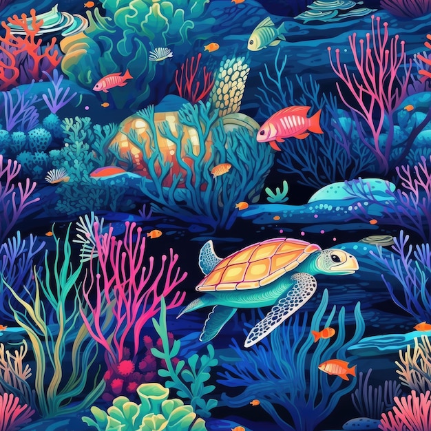 Enchanting underwater world with coral and sea turtles