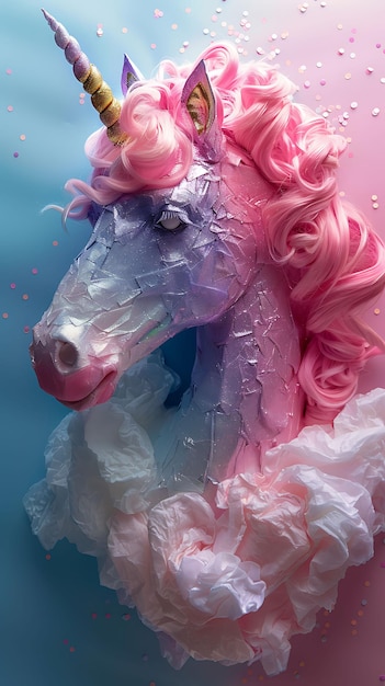 Foto incantevoli unicorni fatti con carta artigianale luccicante iridescen illustrazione decorazione di sfondo di tendenza