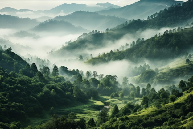 Photo enchanting veil a misty retreat amongst the green hilltop trees