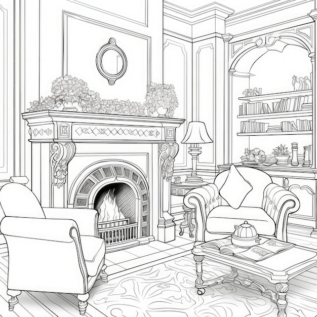 Enchanting Victorian Living Room Cozy Fireplace and Elegant Black Line on White Background Colori