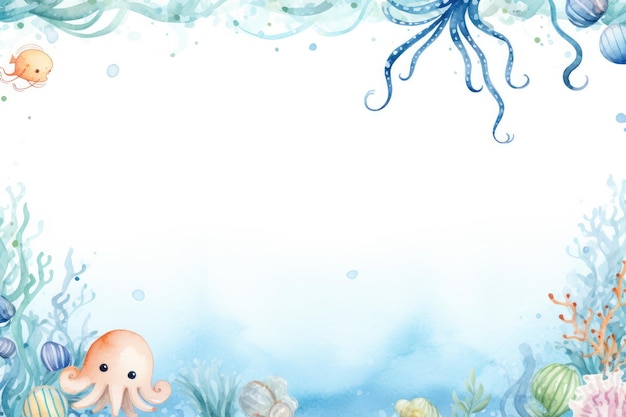 Enchanting Watercolor Photobooth Backdrop Tranquil Pale Blue Ocean Waves Embrace Octopus Tentacles