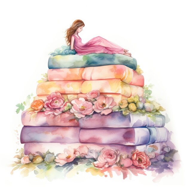 Enchanting Watercolour Illustration The Princess and the Pea in a Floral Mattress Wonderland