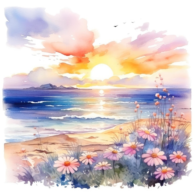 魅力的な水彩画 海風景 パステル色の細な花の夕暮れと輝く白いバ