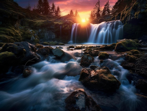 Enchanting Waterfall at Sunset