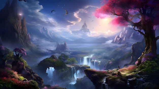 Enchanting Waterfall in a Whimsical Fantasy Realm with Majestic Bird Soaring Above Generative AI