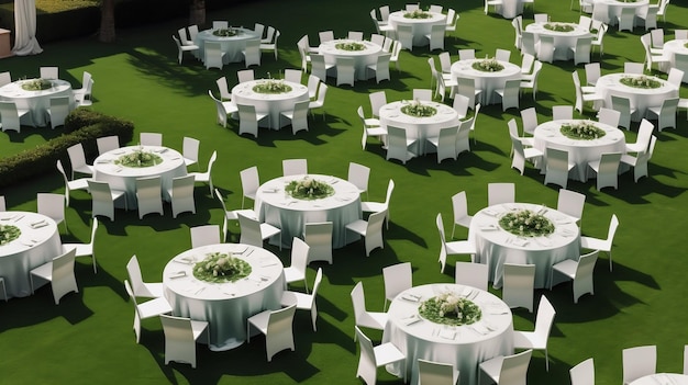 緑の野原に複数の白い丸テーブルが並ぶ魅惑的な結婚式会場 AI