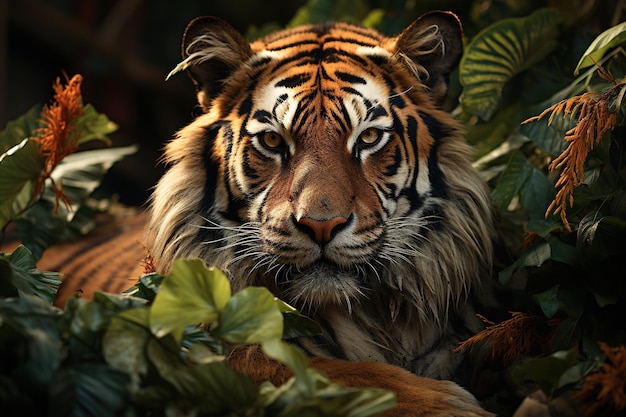 enchanting wildlife featuring a majestic tiger resting among lush vegetation in a dense jungle