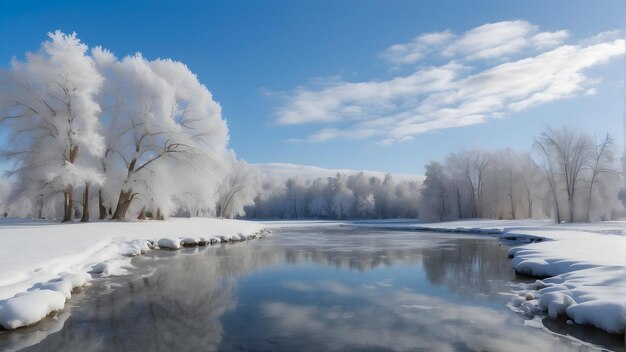 写真 池 と 雪 に 覆わ れ た 樹木 が ある 魅力 的 な 冬 の 景色