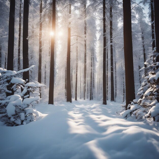 Enchanting Winter Wonderland A Magical Snowy Path Meandering Through a Majestic Forest