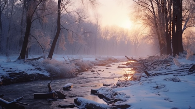 Enchanting Winter Wonderland A Serene River Amidst Snowy Forest