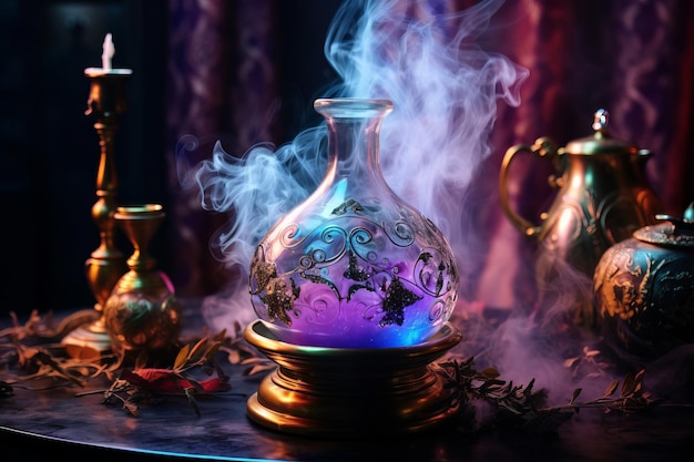 Enchanting witchcraft potion on table light smoke around Generative AI