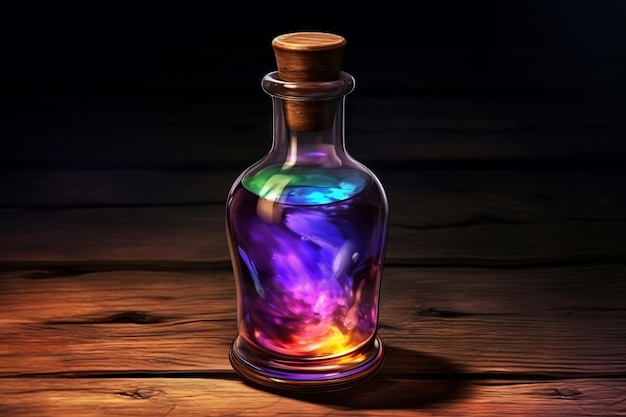 Enchanting witchcraft potion on wooden table Generative AI