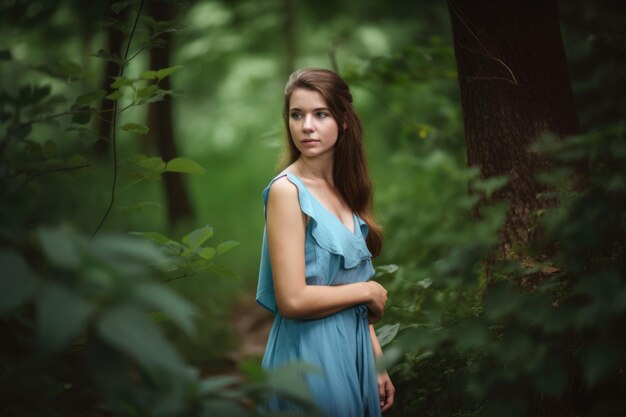 자연 숲 속 무성한 녹지로 둘러싸인 베이비 블루 여름 드레스를 입은 매혹적인 여성